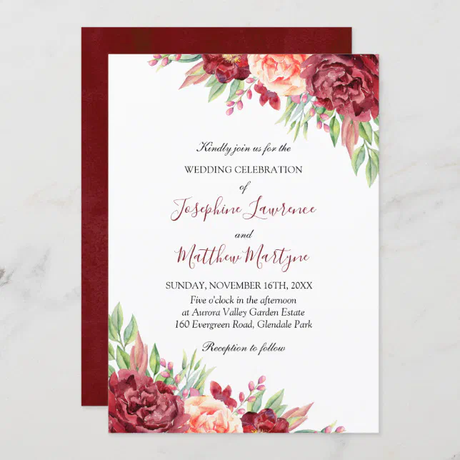 Burgundy Peach Rose Watercolor Floral Wedding Invitation | Zazzle