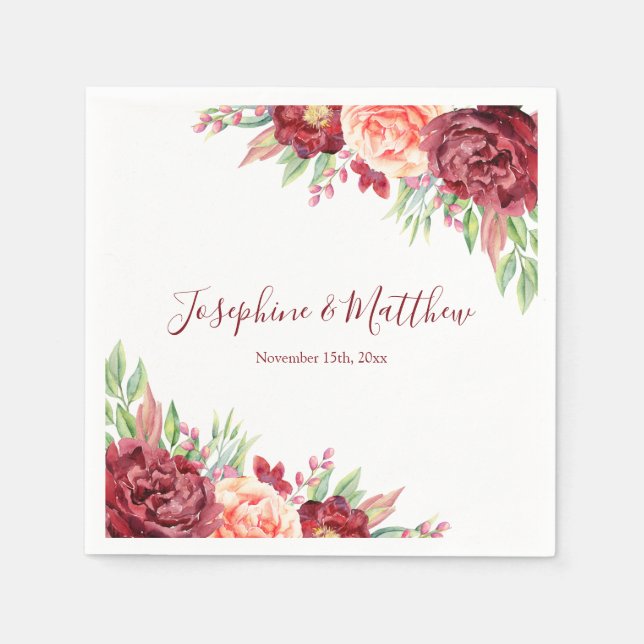Burgundy Peach Rose Watercolor Floral Wedding Napkins (Front)