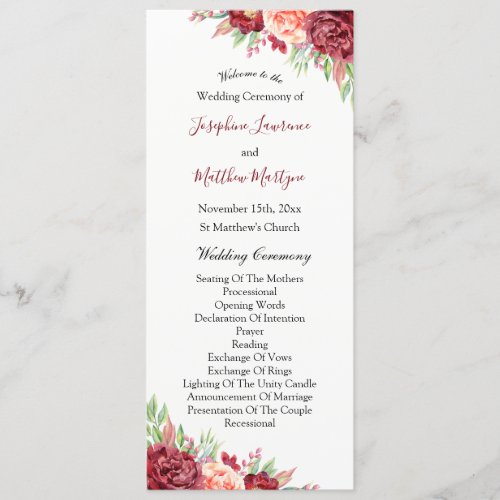 Burgundy Peach Rose Watercolor Floral Wedding Program