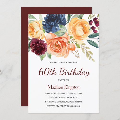 Burgundy  Peach Watercolor Floral 60th Birthday Invitation