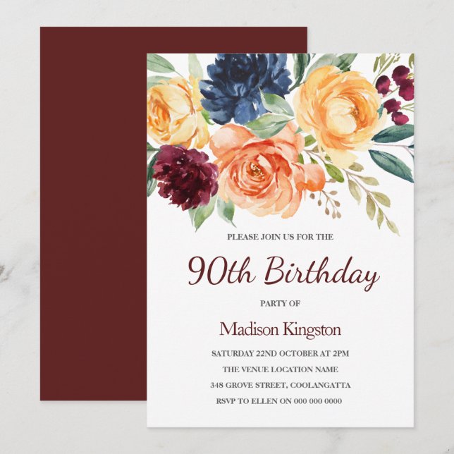 Burgundy &  Peach Watercolor Floral 80th Birthday Invitation (Front/Back)