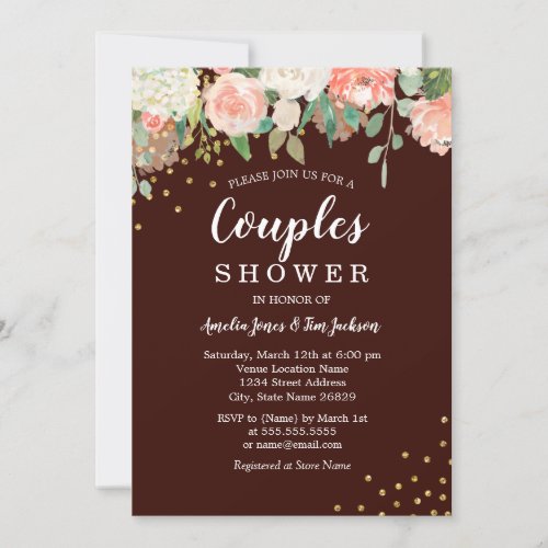Burgundy Peach Watercolor Floral Couples Shower Invitation