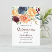 Burgundy Peach Watercolor Floral Quinceanera Party Invitation (Standing Front)