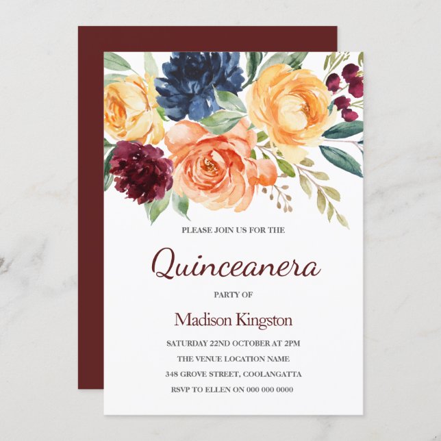 Burgundy Peach Watercolor Floral Quinceanera Party Invitation (Front/Back)