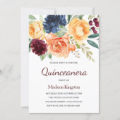 Burgundy Peach Watercolor Floral Quinceanera Party Invitation (Front)
