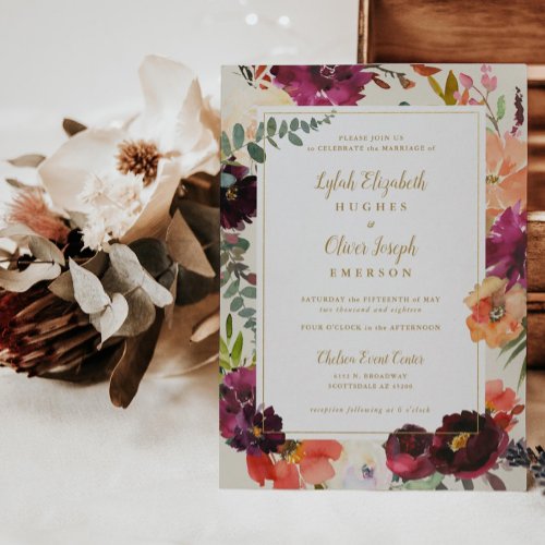 Burgundy  Peach Watercolor Floral Wedding Invitat Invitation
