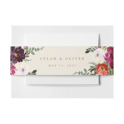Burgundy  Peach Watercolor Floral Wedding Invitation Belly Band