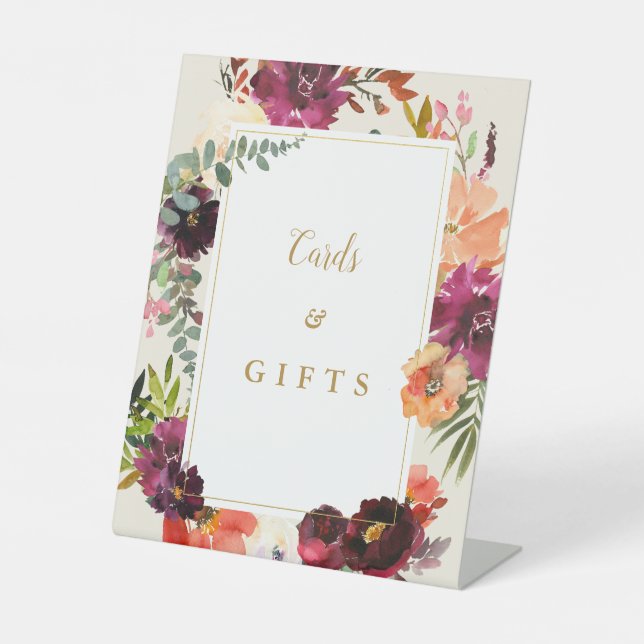 Burgundy + Peach Watercolor Floral Wedding  Pedestal Sign (Front)
