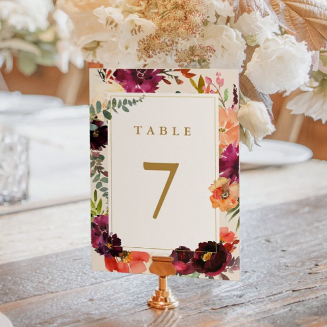 Burgundy + Peach Watercolor Floral Wedding  Table Number (Creator Uploaded)