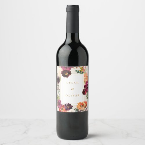 Burgundy  Peach Watercolor Floral Wedding Wine Label