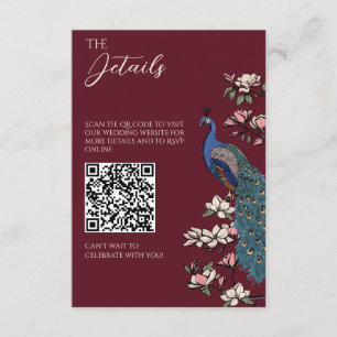 Burgundy Peacock Chinoiserie Wedding Details QR Enclosure Card