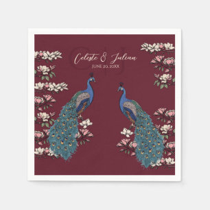 Burgundy Peacock Hand-Drawn Wedding Napkins