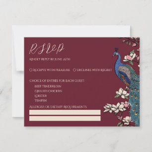 Burgundy Peacock & Magnolia Wedding RSVP Card