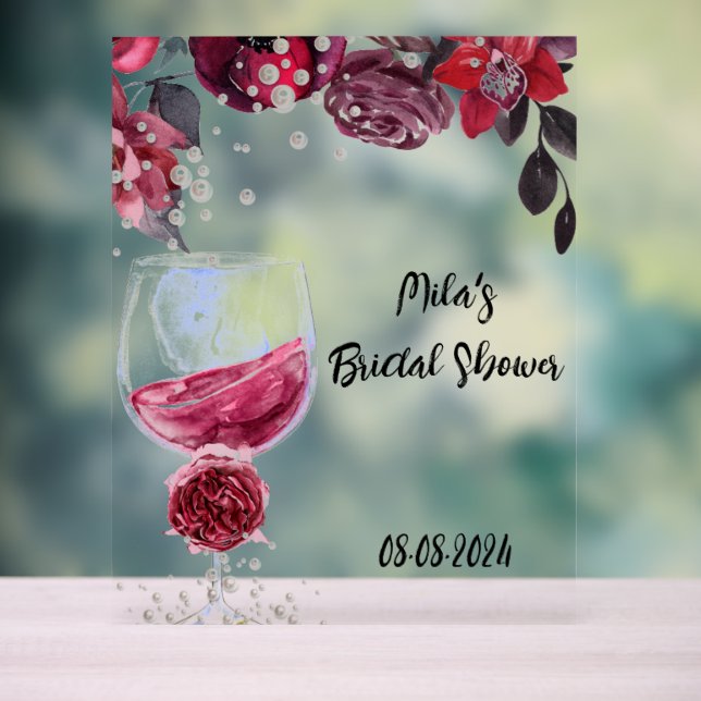 Burgundy pearls and prosecco bridal shower acrylic sign (Neutral)