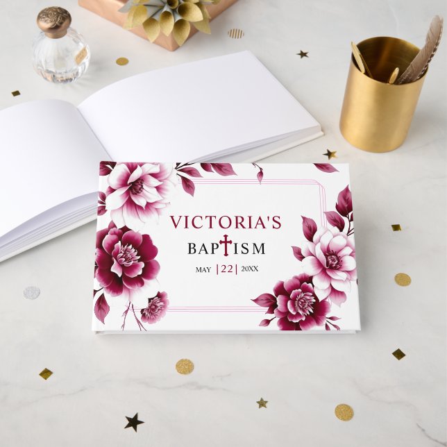 Burgundy peonies and triple border girl Baptism Guest Book (Front Open)