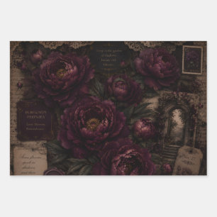 BURGUNDY PEONIES DARK FLORAL GARDEN WRAPPING PAPER SHEETS