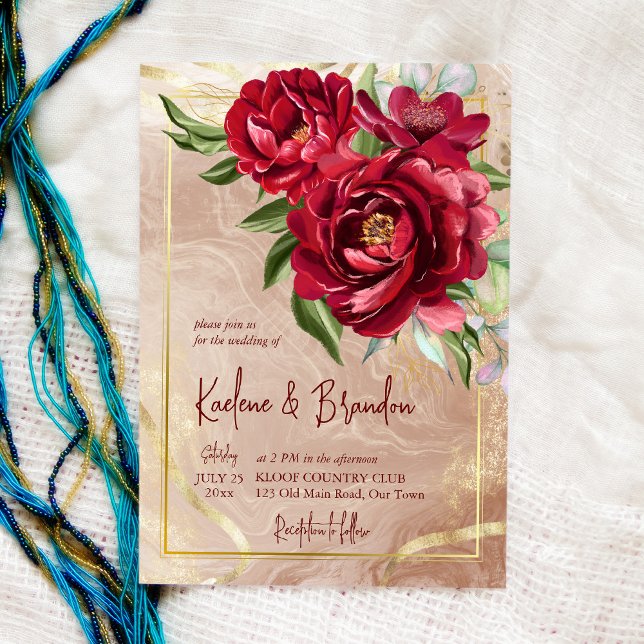 Burgundy peonies floral modern script wedding invitation (Creator Uploaded)