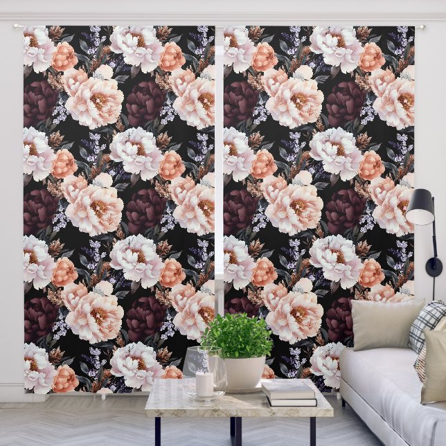 Burgundy Peonies Floral Pattern Blackout Curtains (Living Room)