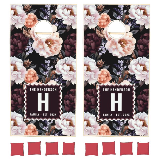 Burgundy Peonies Floral Pattern | Monogram Family Cornhole Set (Set)