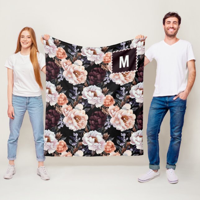 Burgundy Peonies Floral Pattern | Monogram Fleece Blanket (In Situ)