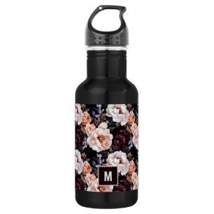 Burgundy Peonies Floral Pattern Monogram Stainless Steel Water Bottle