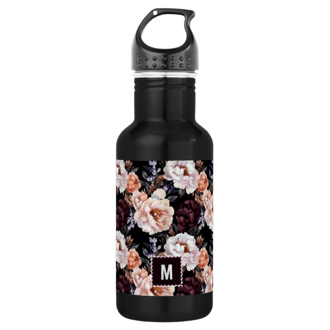 Burgundy Peonies Floral Pattern | Monogram Stainless Steel Water Bottle (Front)