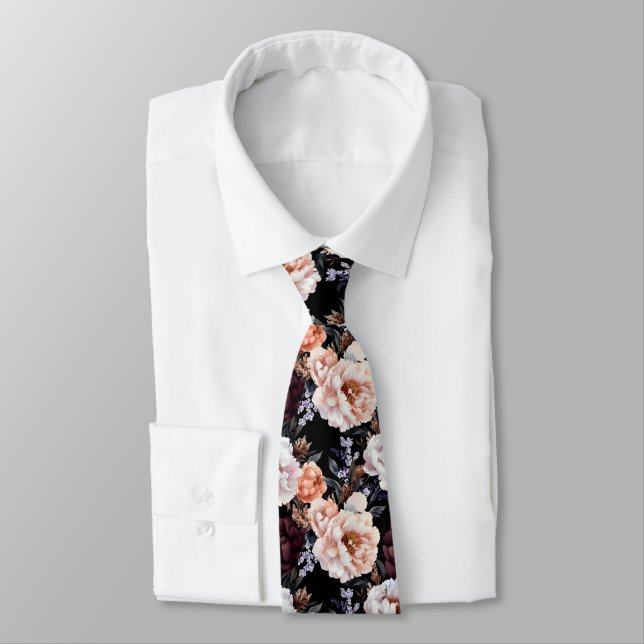 Burgundy Peonies Floral Pattern Neck Tie (Tied)