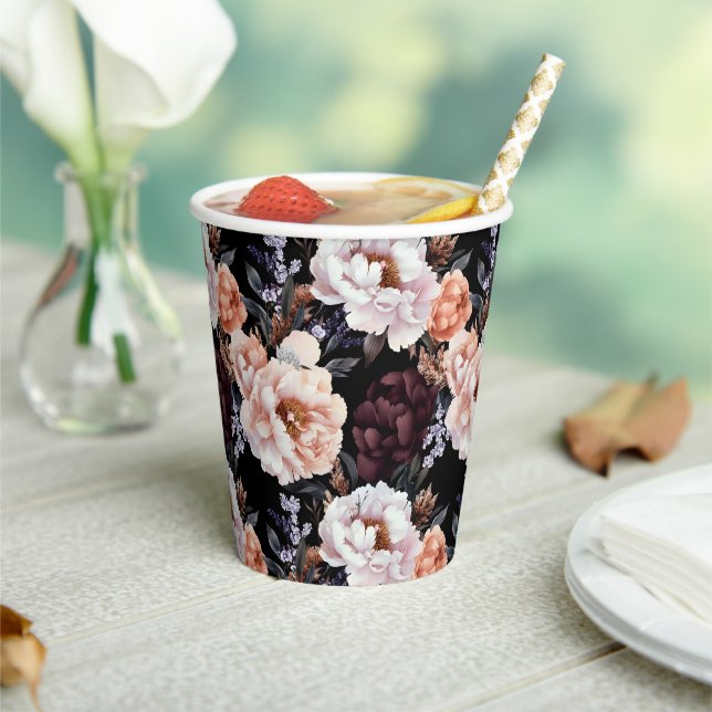 Burgundy Peonies Floral Pattern Paper Cups (Insitu)