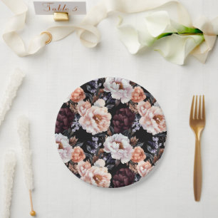 Burgundy Peonies Floral Pattern Paper Plates