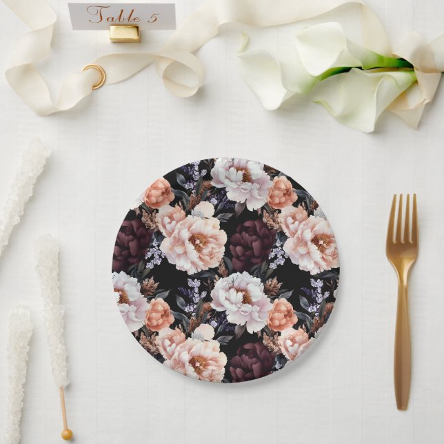 Burgundy Peonies Floral Pattern Paper Plates (Wedding)