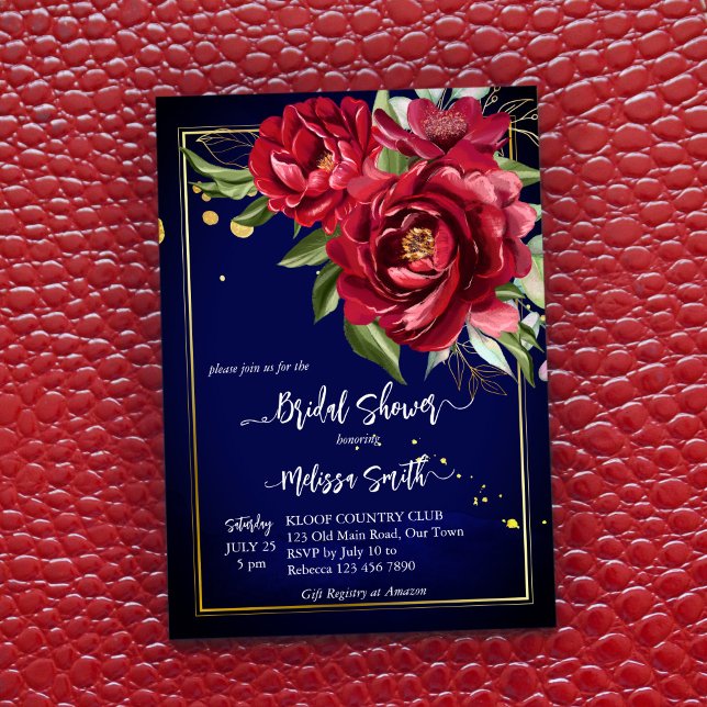 Burgundy peonies royal blue floral bridal shower invitation (Creator Uploaded)