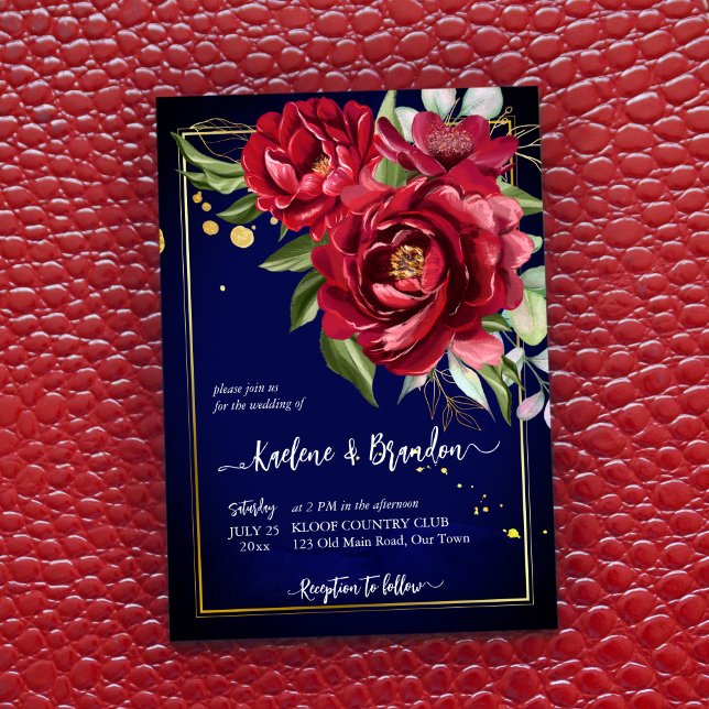 Burgundy peonies royal blue floral wedding invitation (Creator Uploaded)