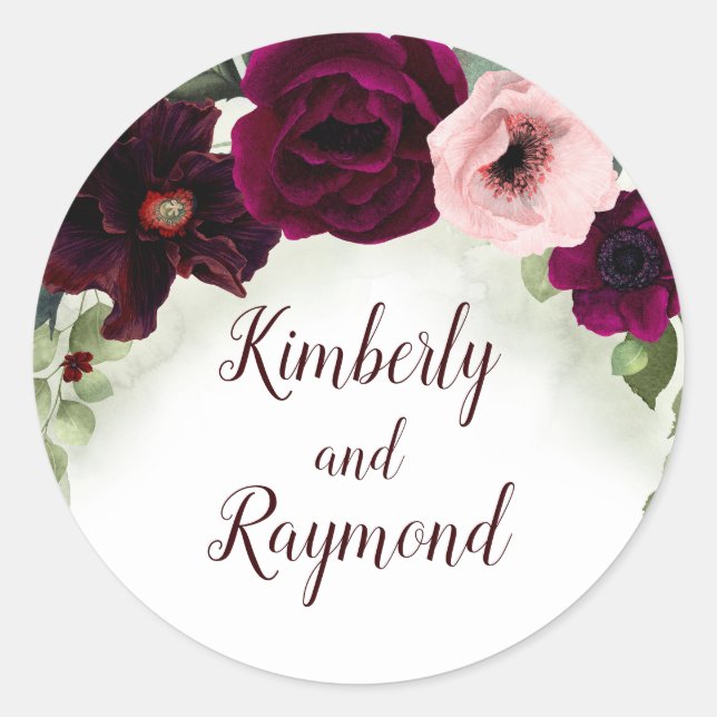 Burgundy Peonies Watercolor Greenery Bouquet Classic Round Sticker (Front)