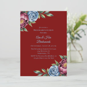 Burgundy Peony and Blue Rose Bridesmaids Luncheon Invitation
