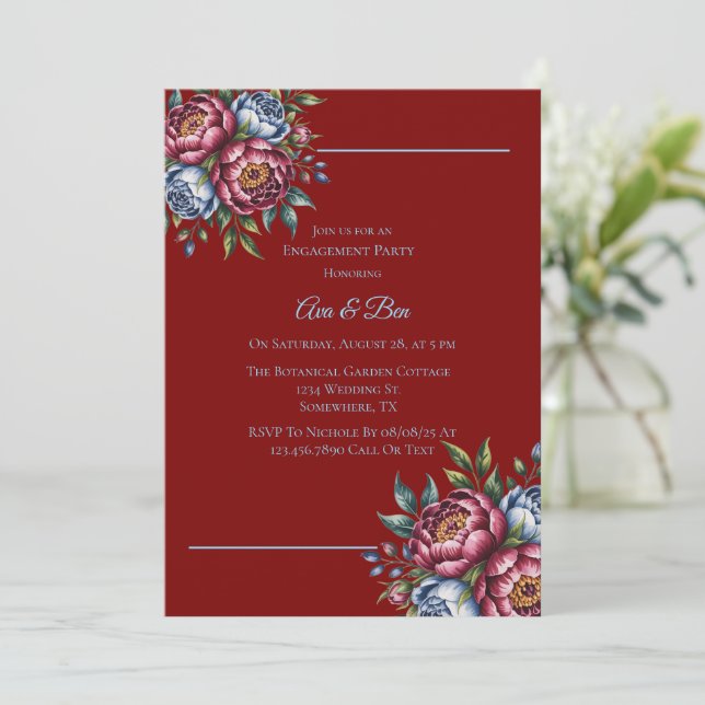 Burgundy Peony and Blue Rose Engagement Party Invitation (Standing Front)