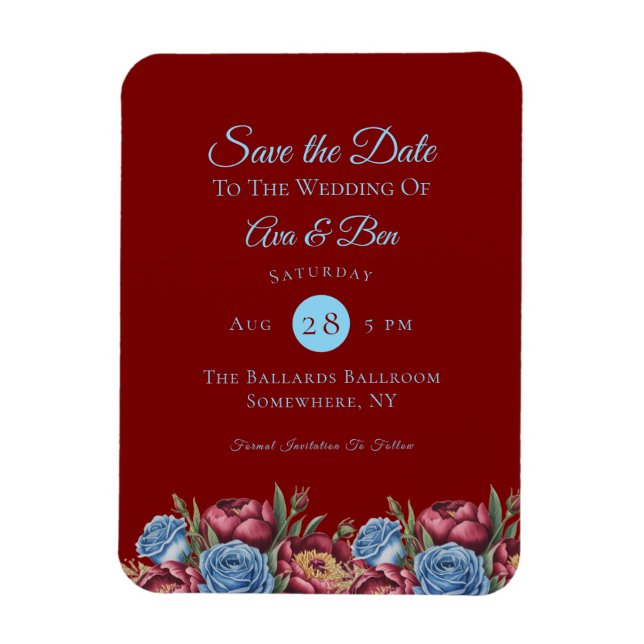 Burgundy Peony and Blue Rose Save the Date Magnet (Vertical)