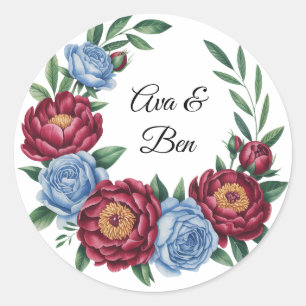 Burgundy Peony and Blue Rose Wedding Classic Round Sticker