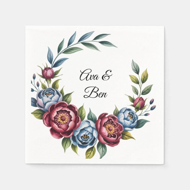 Burgundy Peony and Blue Rose Wedding Napkins (Front)