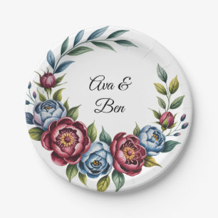 Burgundy Peony and Blue Rose Wedding Paper Plates