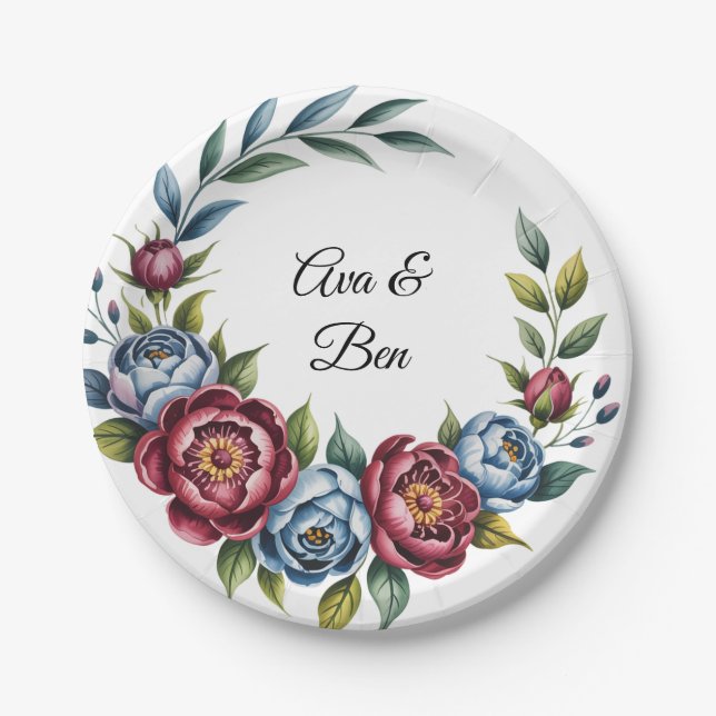 Burgundy Peony and Blue Rose Wedding Paper Plates (Front)