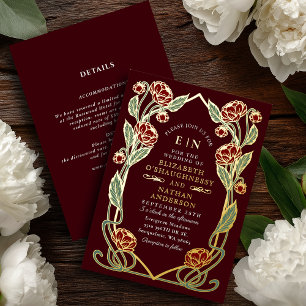 Burgundy Peony Art Nouveau Wedding All in One Foil Invitation