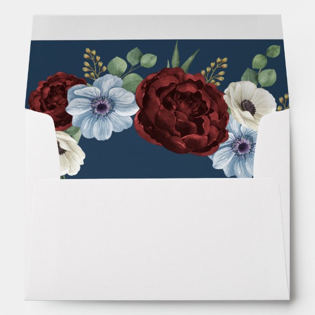 Burgundy Peony Dusty Blue Anemone Floral Wedding Envelope (Back (Bottom))