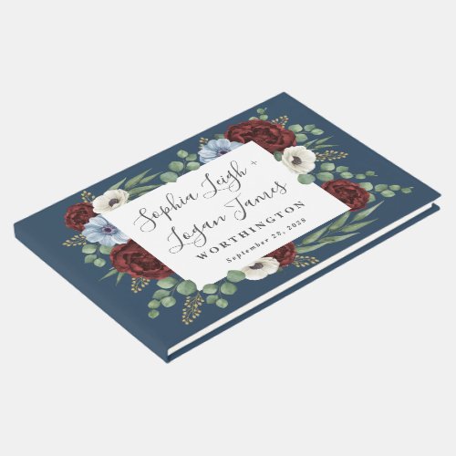 Burgundy Peony Dusty Blue Anemone Floral Wedding Guest Book