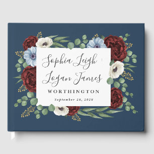 Burgundy Peony Dusty Blue Anemone Floral Wedding Guest Book