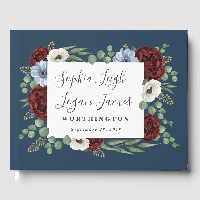 Burgundy Peony Dusty Blue Anemone Floral Wedding Guest Book (Front)