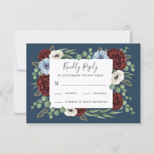 Burgundy Peony Dusty Blue Anemone Floral Wedding RSVP Card