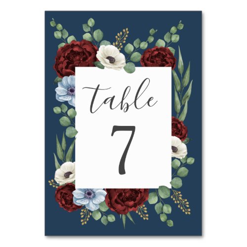 Burgundy Peony Dusty Blue Anemone Floral Wedding Table Number