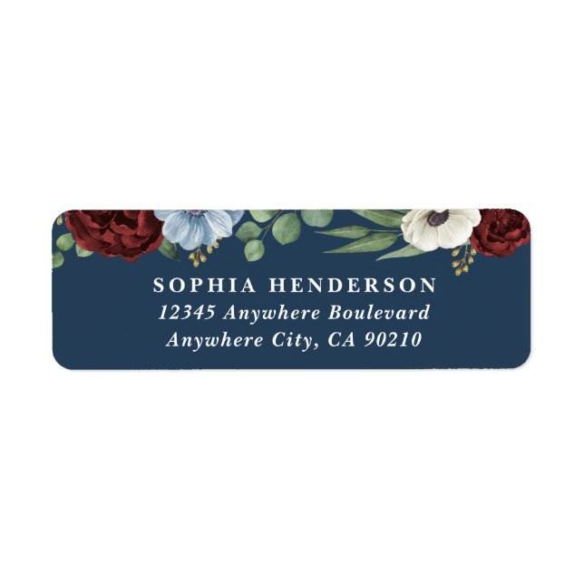 Burgundy Peony Dusty Blue Anemones Floral Wedding Label (Front)