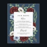 Burgundy Peony Dusty Blue Navy Wedding Menu Cards<br><div class="desc">Design features a greenery floral wreath made up of silver dollar and seeded eucalyptus. Burgundy red rose peonies, dusty blue and ivory ecru or white anemones add an elegant touch. The background is a navy blue shade with a white text box. Dark gray fonts are used with a modern layout...</div>