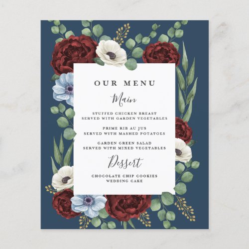 Burgundy Peony Dusty Blue Navy Wedding Menu Cards